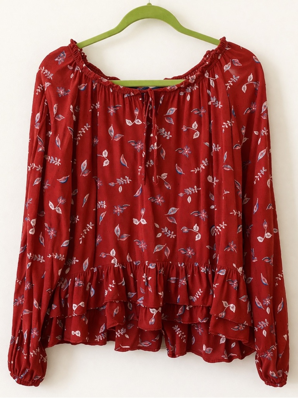 Red Floral Boho Peplum Blouse Off Shoulder Long Sleeve Top Large
#305
